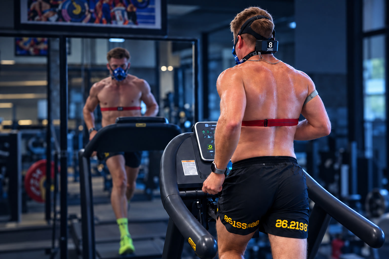 Athlete taking a treadmill VO2 test while wearing a respiratory mask and heart rate chest strap